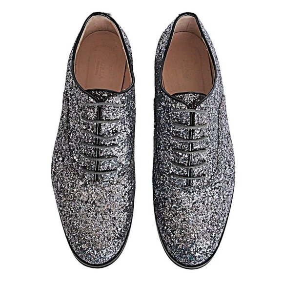 FURLA Amy Tessuto Acciaio Glitter Italian Leather Loafers Oxfords sz 35.5 or 5.5